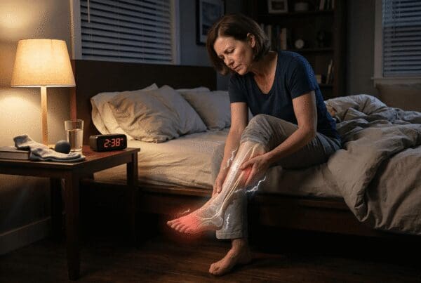 Person experiencing neuropathy pain, tingling, and numbness in the feet at night